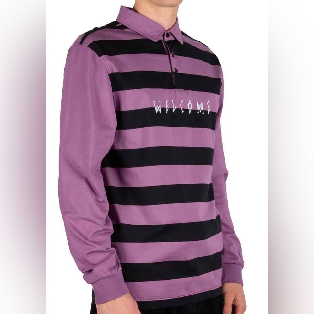 WELCOME DROPOUT LONGSLEEVE RUGBY POLO SHIRT GRAPE BLACK mens small/teen